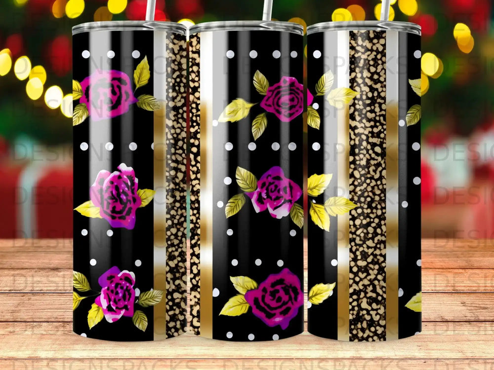 Black tumbler with pink roses, gold leaves, and white polka dots.