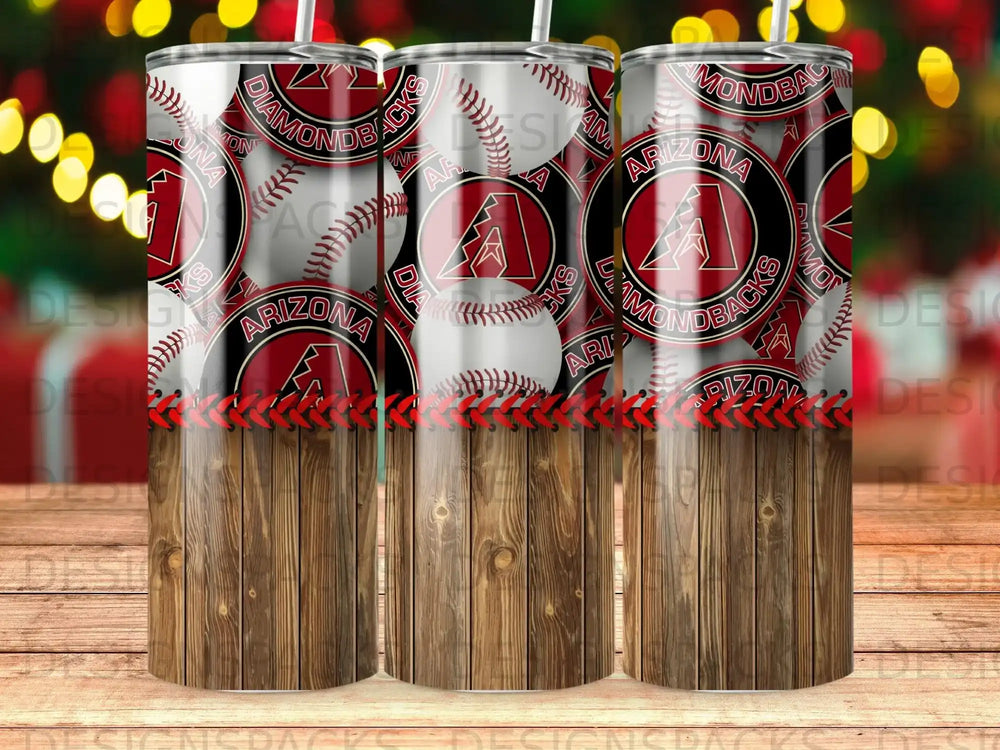 Arizona Diamondbacks logo and baseball pattern on wood grain tumbler.