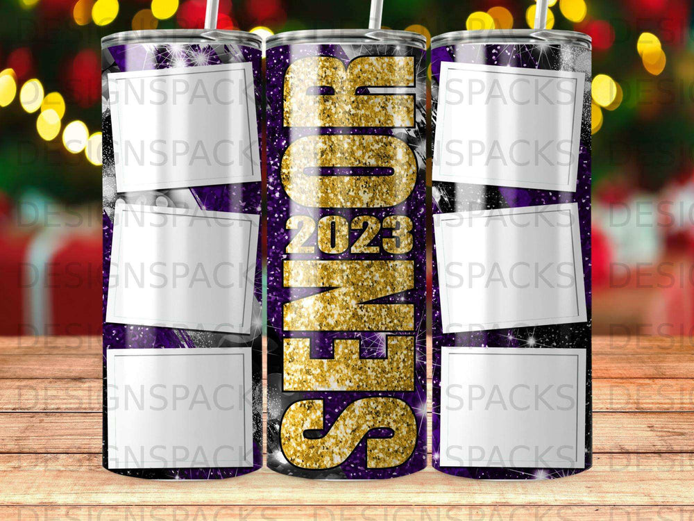 Tumbler design with "SENIOR 2023" and purple glitter accents.