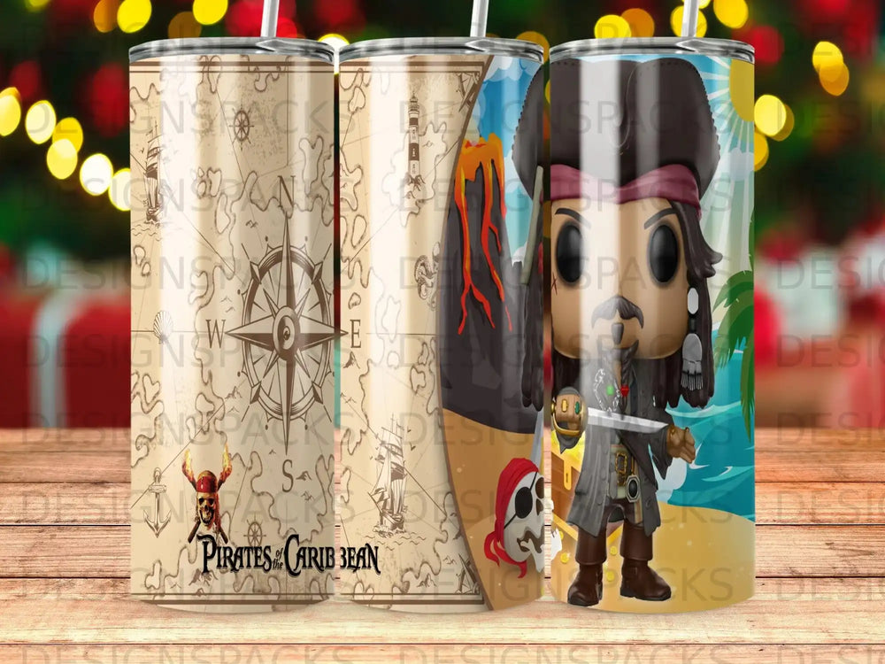 Pirates of the Caribbean themed tumbler featuring Captain Jack Sparrow and a treasure map.