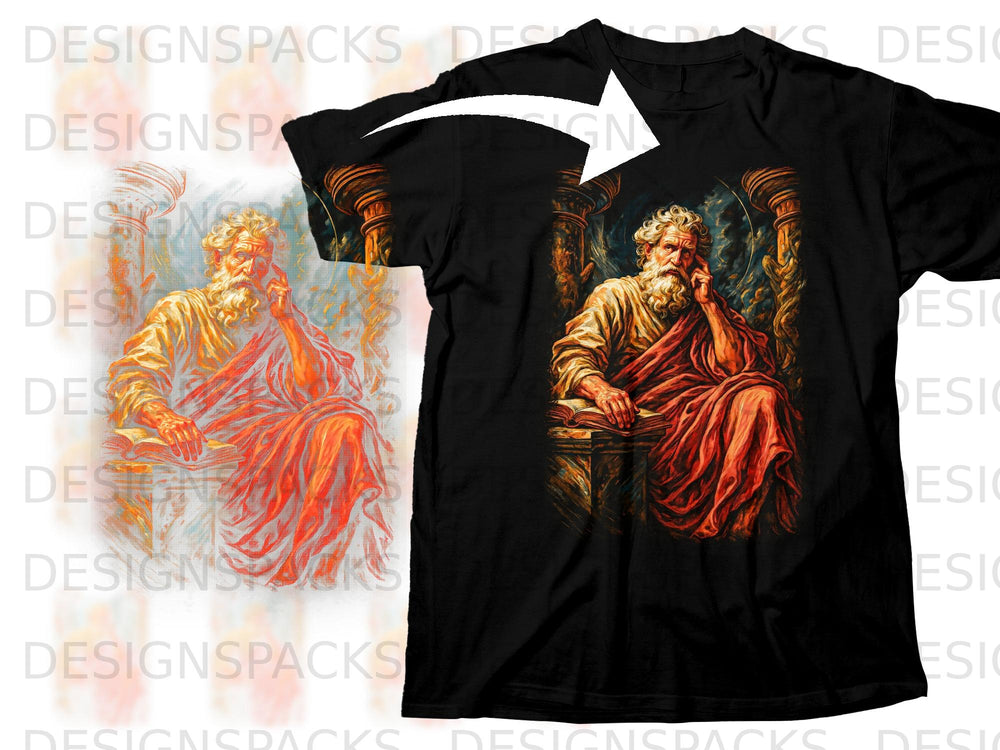Black t-shirt with artwork of an elderly man in red robes sitting with a book.