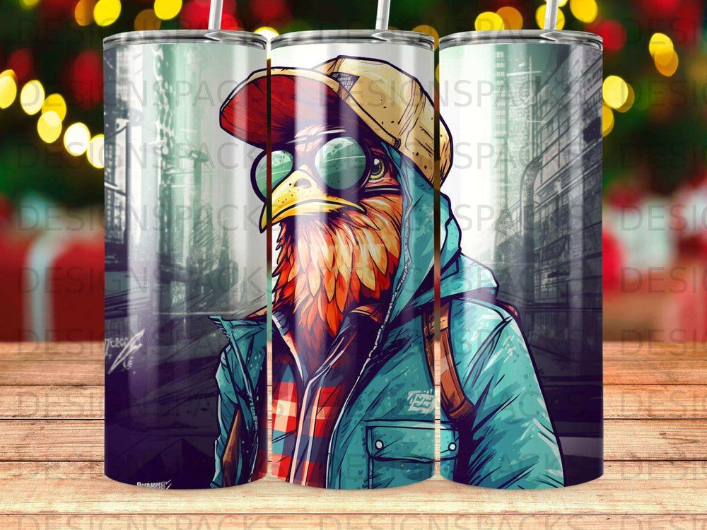 Rooster in sunglasses and hoodie, street art style.