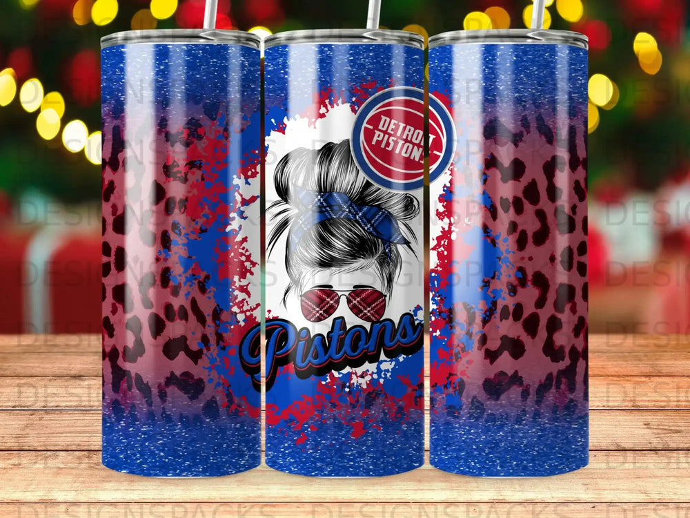 Detroit Pistons tumbler with leopard print and blue glitter design.