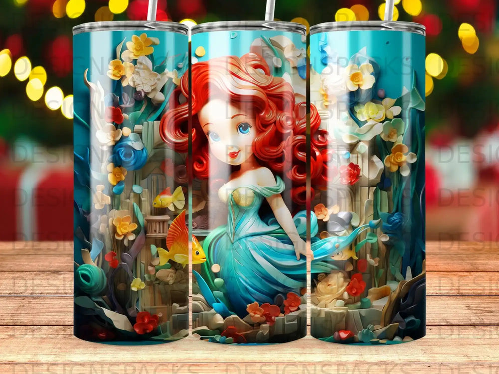 Mermaid with red hair in blue dress, surrounded by ocean flora and fish.