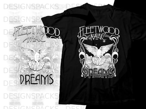 Black t-shirt with white Fleetwood Mac logo and dove graphic.