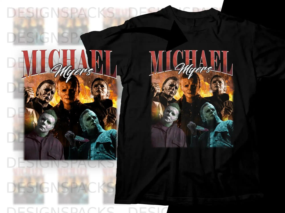 Michael Myers collage graphic on a black t-shirt.