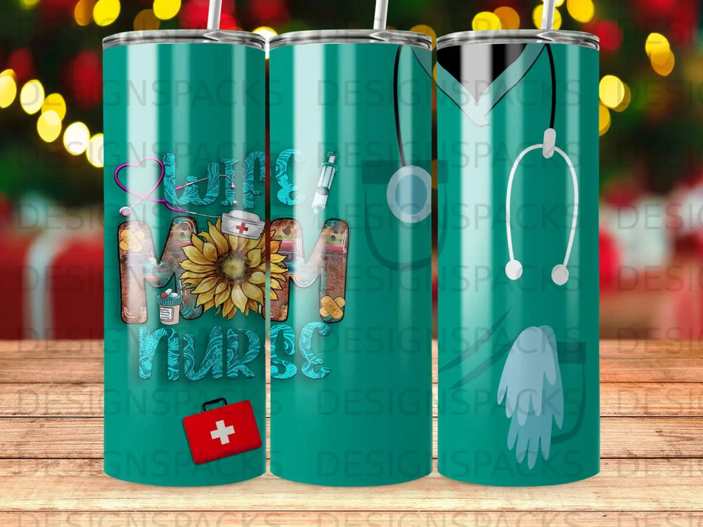 Turquoise tumbler with "Mom RN" design featuring a sunflower, stethoscope, and caduceus symbol.