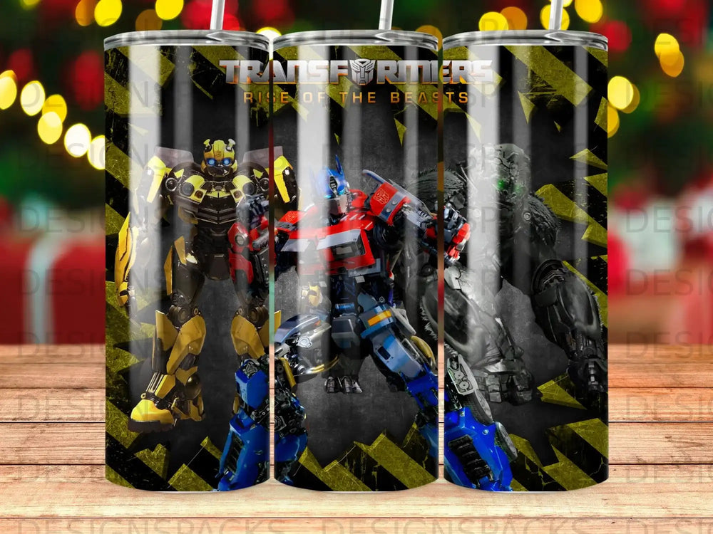 Transformers Rise of the Beasts tumbler featuring Optimus Prime and Bumblebee.