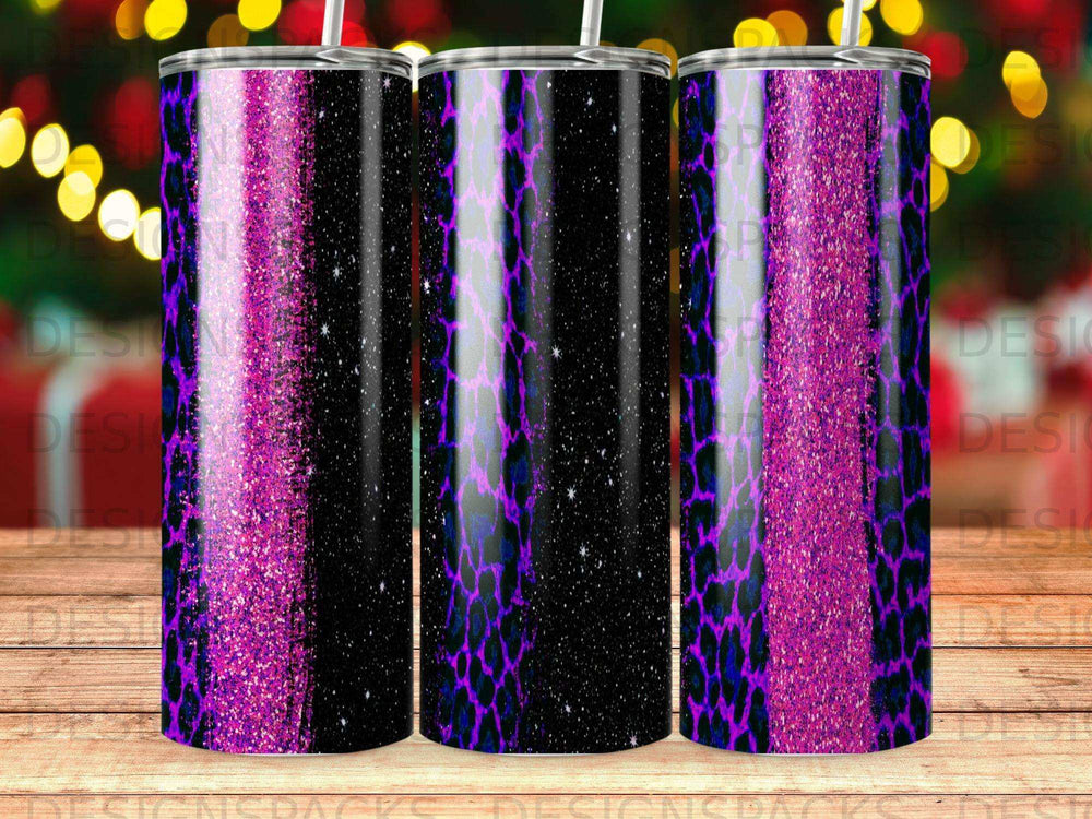 Tumbler with black and purple leopard print and glitter accents.