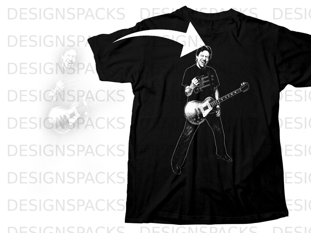 Black t-shirt with a white graphic of a man playing a guitar.