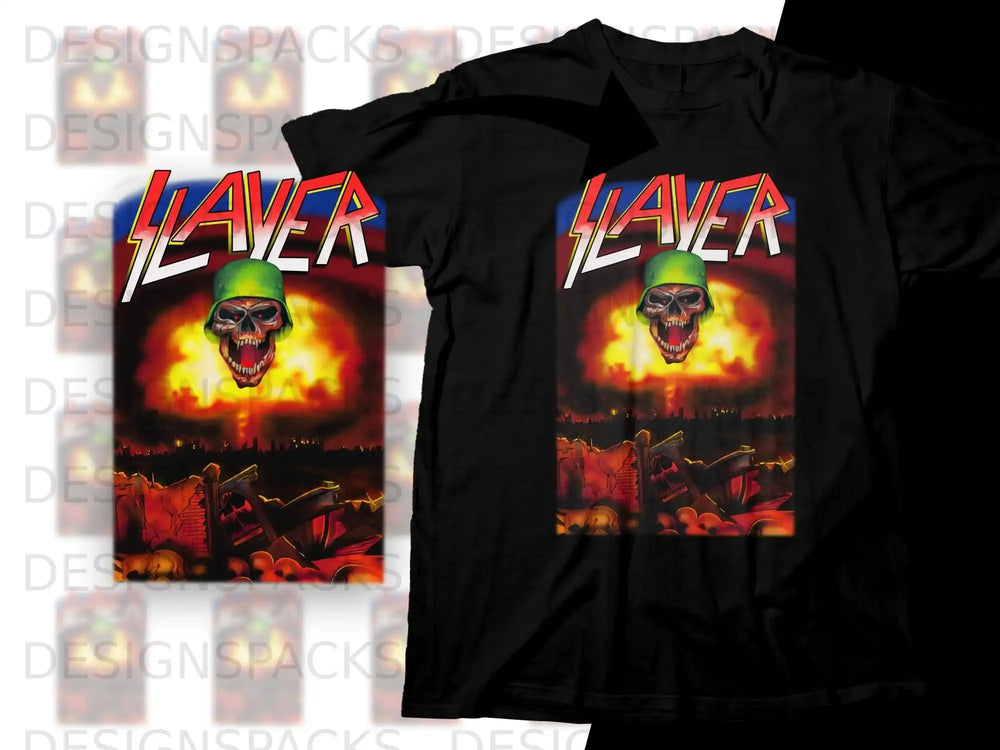 Black t-shirt with Slayer logo and skull in a fiery, apocalyptic scene.