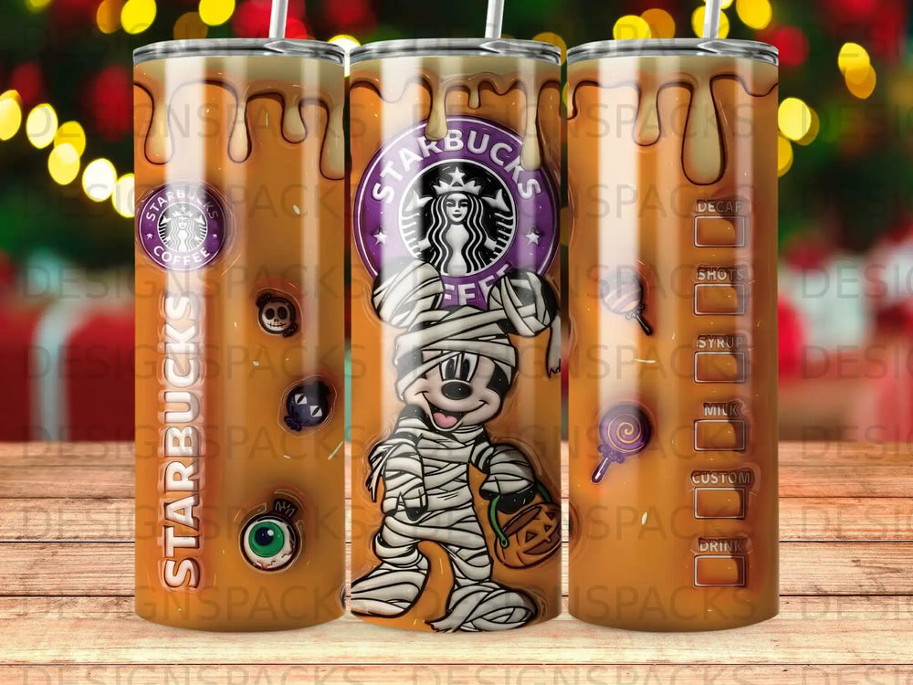 Mickey Mouse dressed as a mummy on a Starbucks tumbler with drink options.