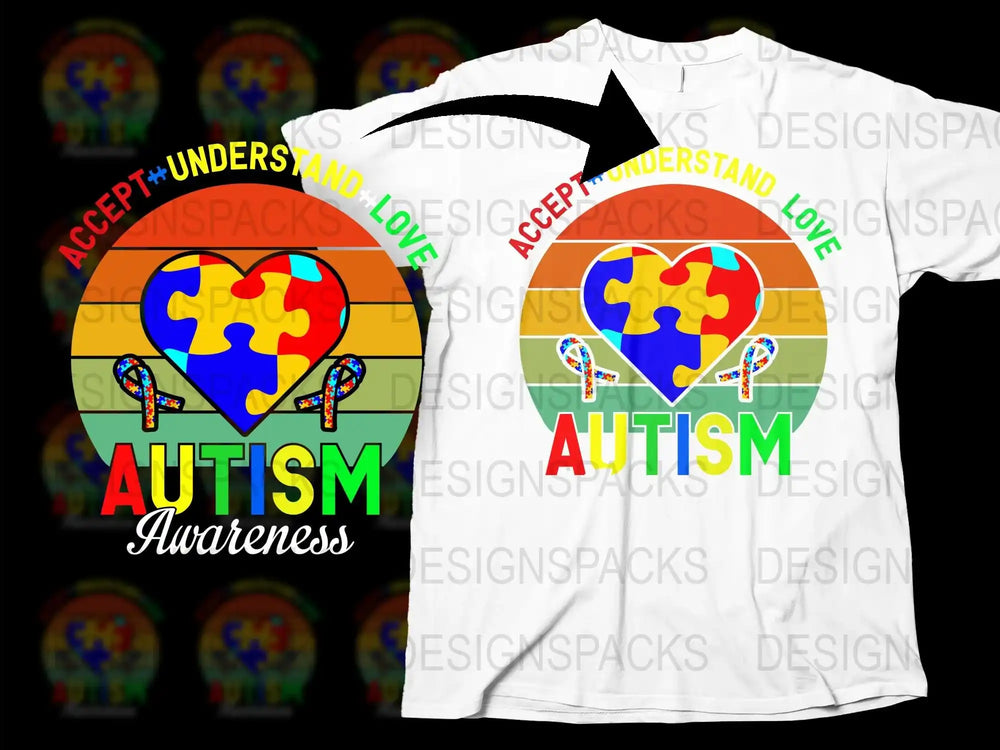 Autism Awareness T-Shirt Colorful Puzzle Heart Accept Understand Love Graphic Tee