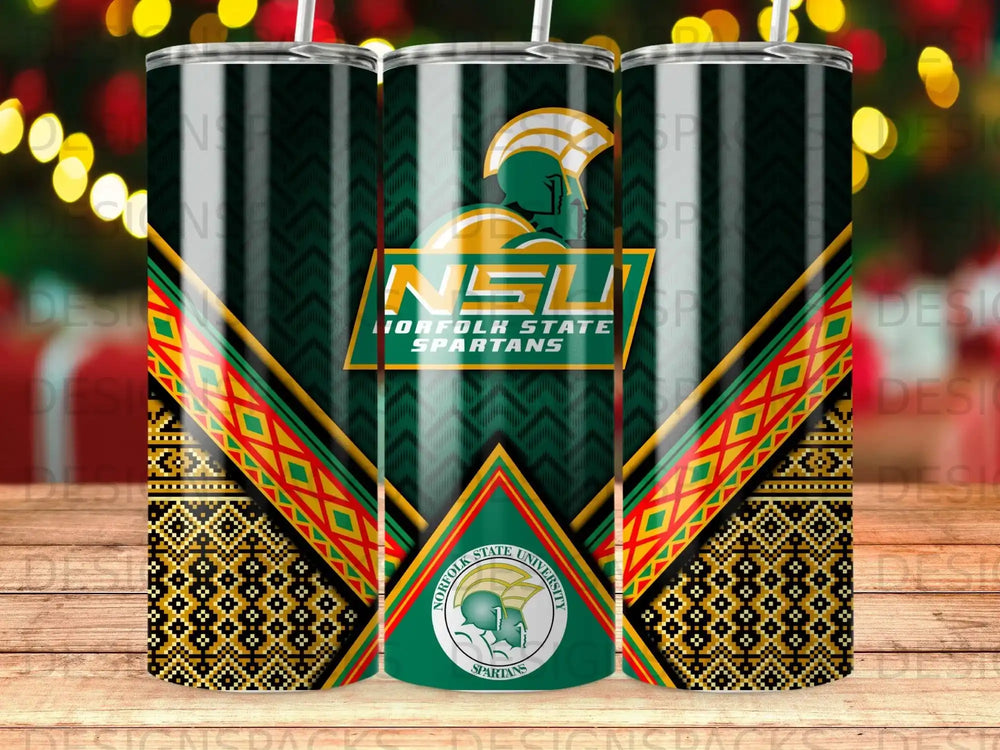 Norfolk State Spartans logo on a green and gold tumbler with tribal patterns.