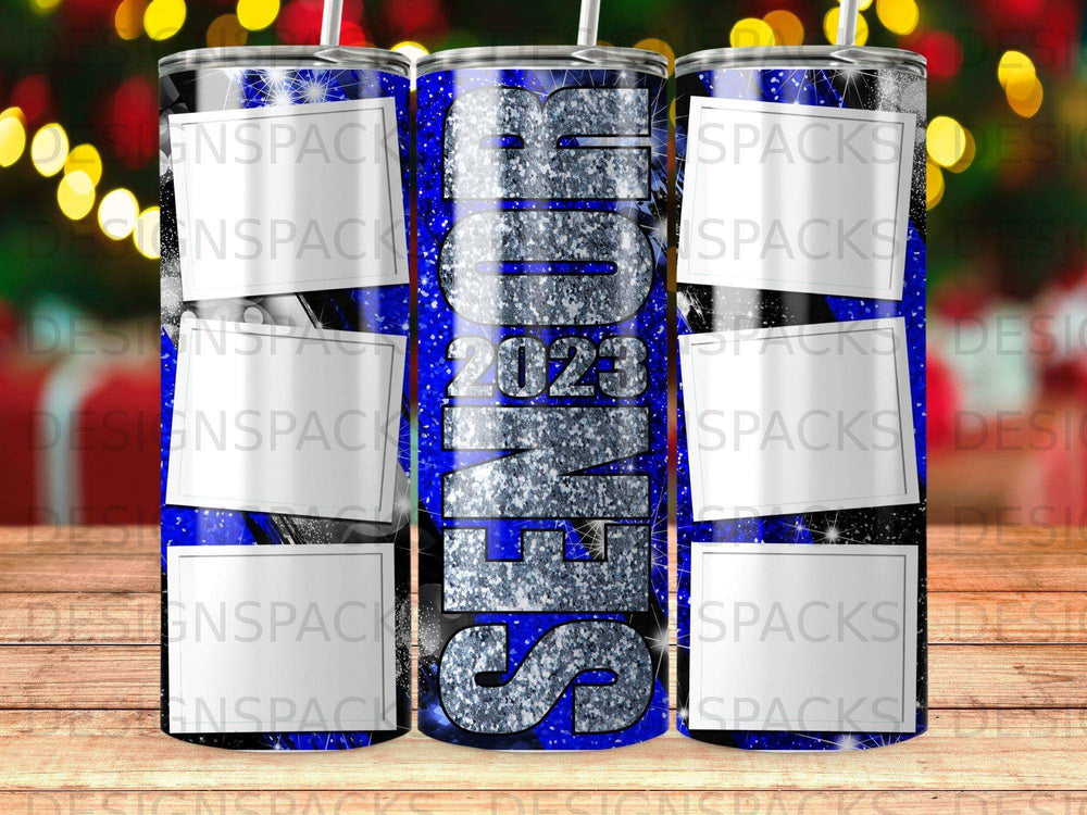 Blue tumbler with "SENIOR 2023" text and glitter design.