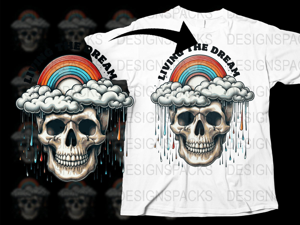 Living the Dream Skull and Rainbow Graphic T-Shirt, Cool Unisex Streetwear Tee