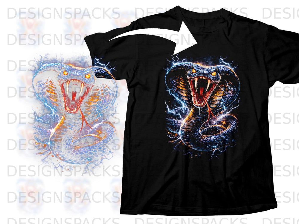 Black t-shirt with a vibrant, electric cobra graphic on the front.