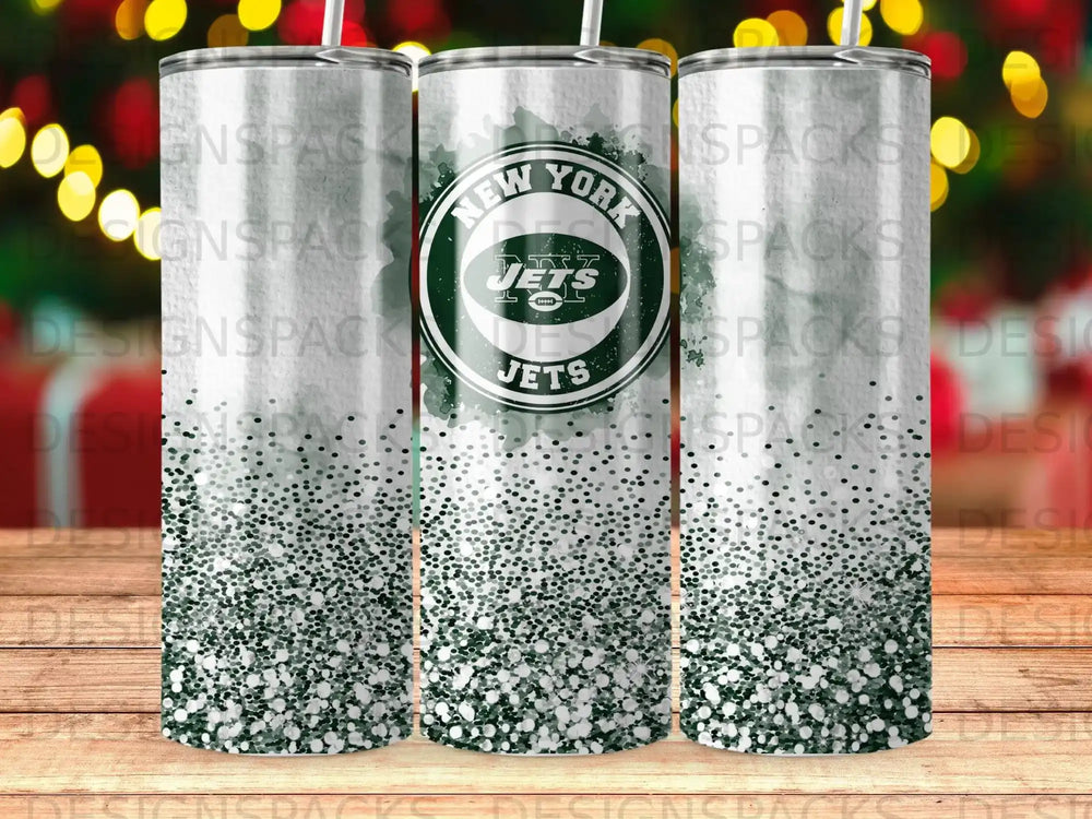 New York Jets tumbler with green glitter and logo.
