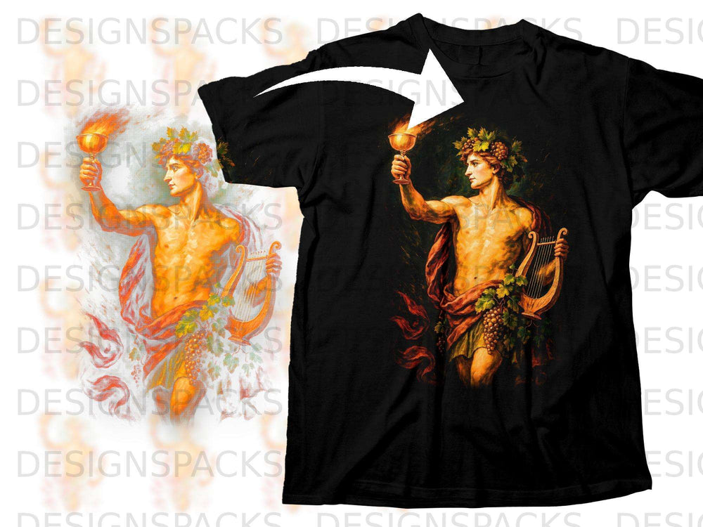 Black t-shirt featuring artwork of a man with a wreath holding a flaming goblet.