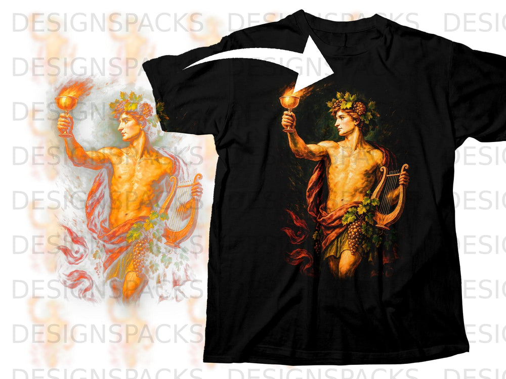 Black t-shirt featuring artwork of a man with a wreath holding a flaming goblet.