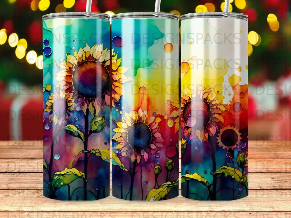 Three tumblers with vibrant watercolor sunflowers and abstract backgrounds.