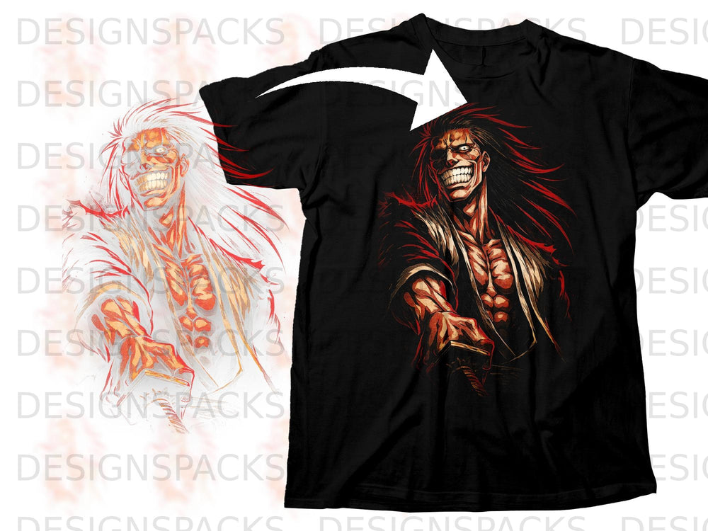 Black t-shirt with a manga-style illustration of a man with long white hair and a menacing grin.