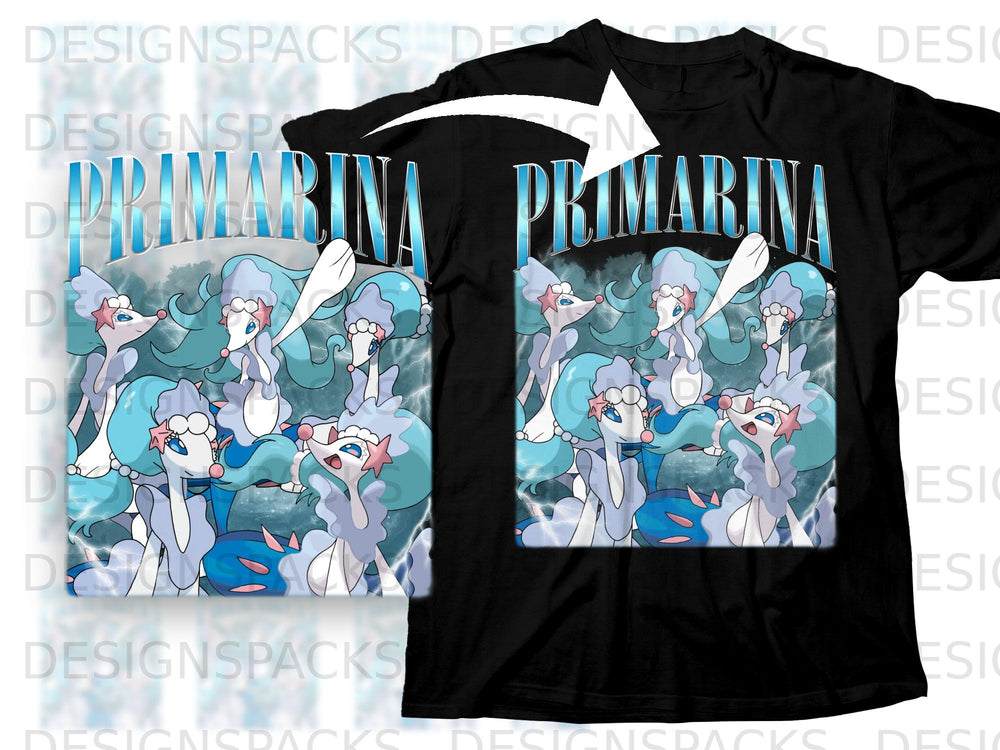 Black t-shirt with a graphic of multiple Primarina characters and the word "PRIMARINA" in blue.