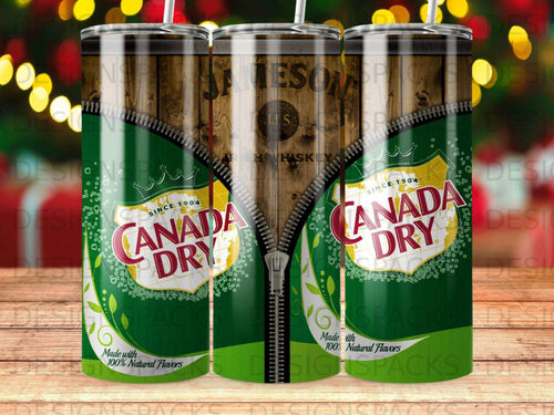 Tumblers with Canada Dry and Jameson Whiskey designs, featuring a zipper graphic.