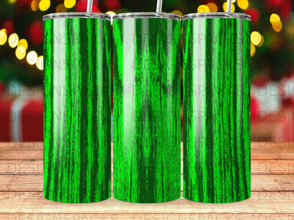 Three green striped tumblers with wood grain texture.