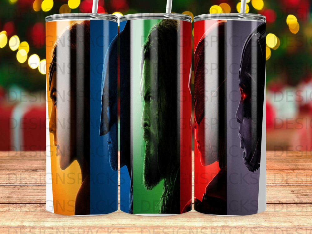 Three Avengers characters silhouetted against colorful backgrounds on tumblers.