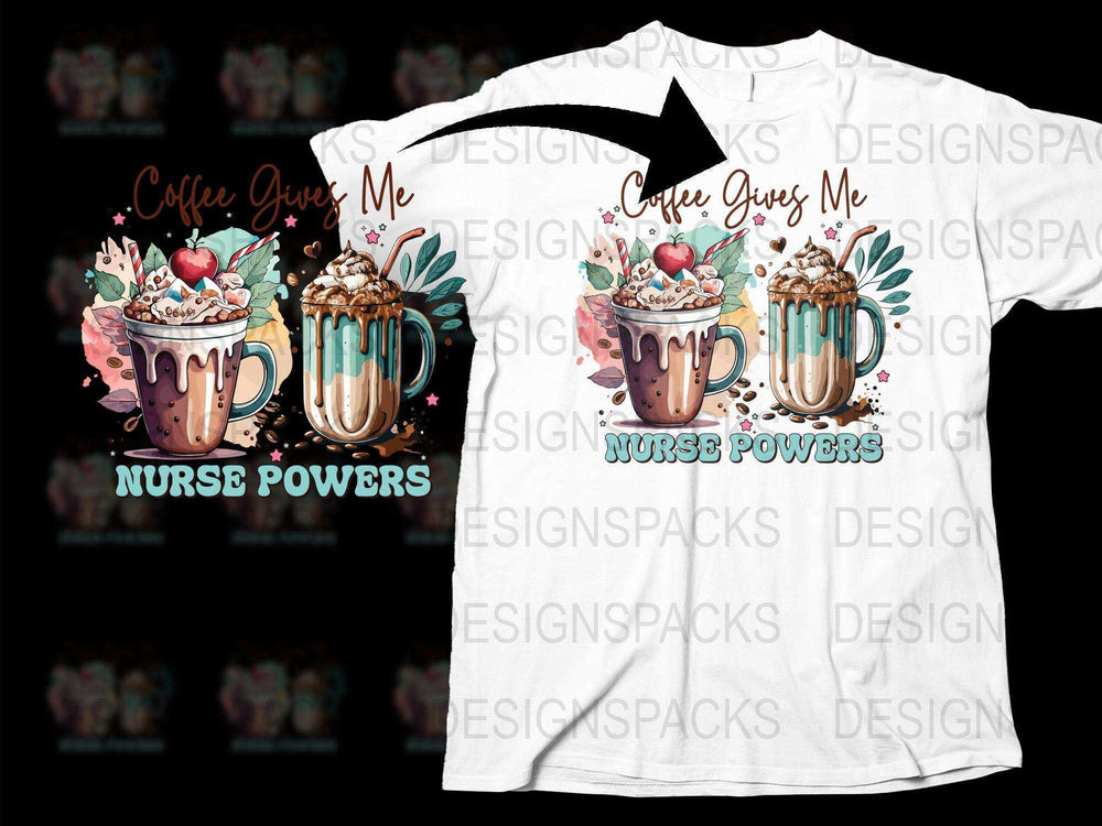 Nurse Powers Coffee T-Shirt, Cute Medical Staff Gift, Colorful Graphic Tee, Healthcare Worker Appreciation, Trendy Nursing Shirt Design
