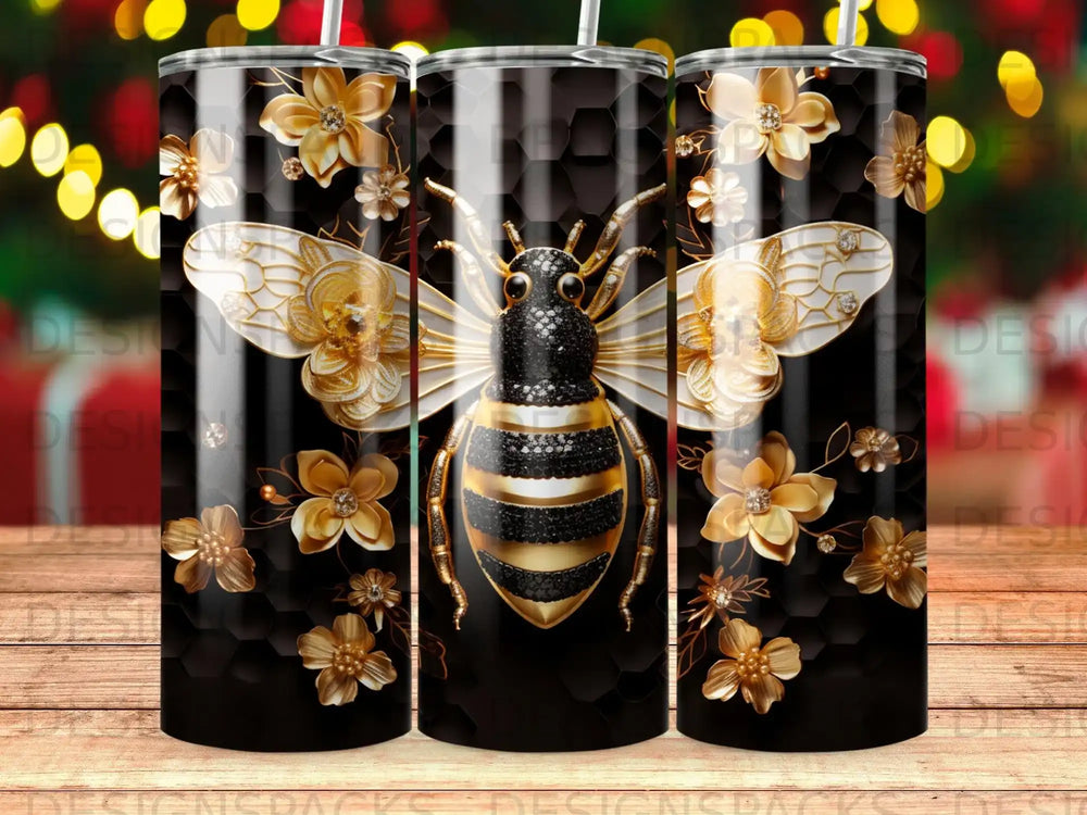 Bee with gold flowers on a black hexagonal background tumbler.