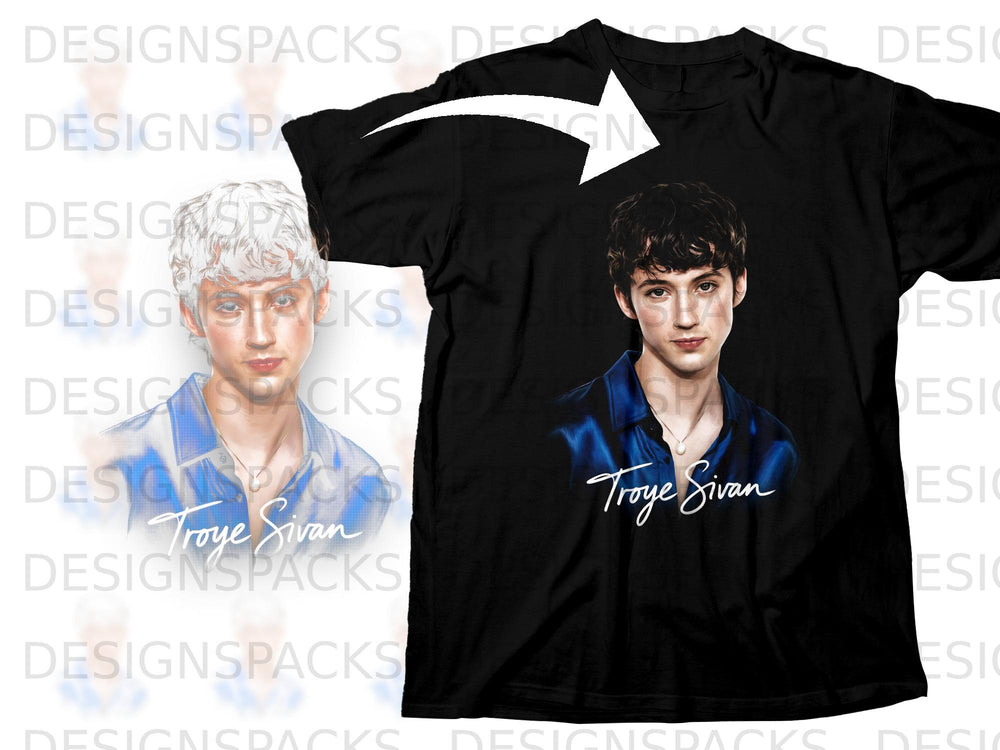 Black t-shirt with illustration of Troye Sivan and his signature.