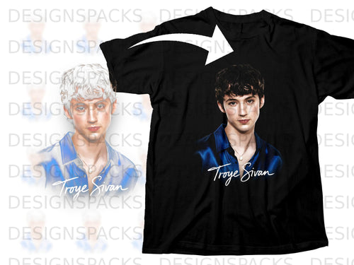 Black t-shirt with illustration of Troye Sivan and his signature.