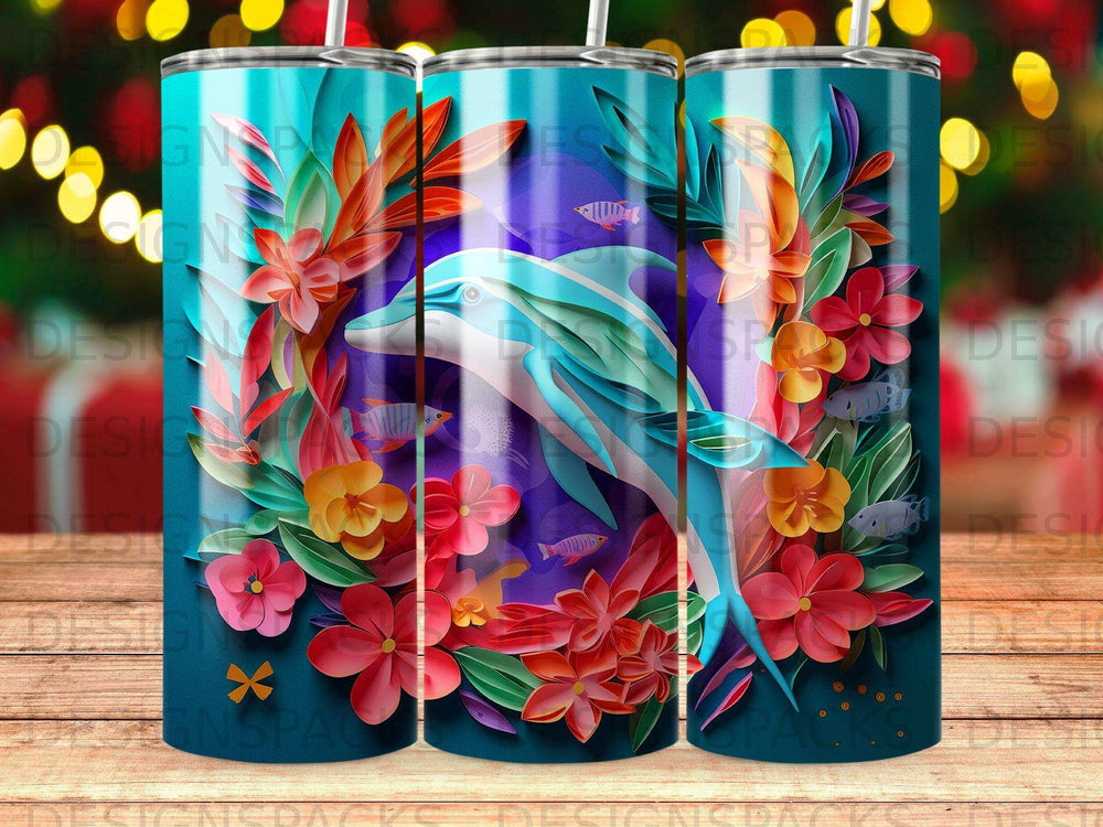 Dolphin surrounded by colorful flowers and fish on a teal background.