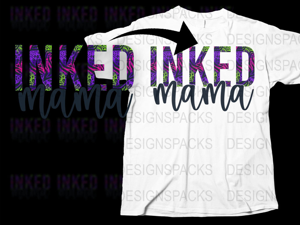 Inked Mama T-Shirt, Bold Purple and Black Text, Trendy Tattoo Style Graphic Tee for Women