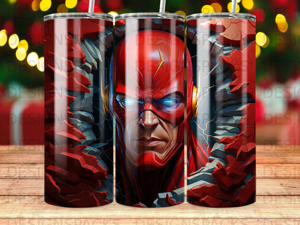 The Flash superhero bursts through a cracked red and gray wall.