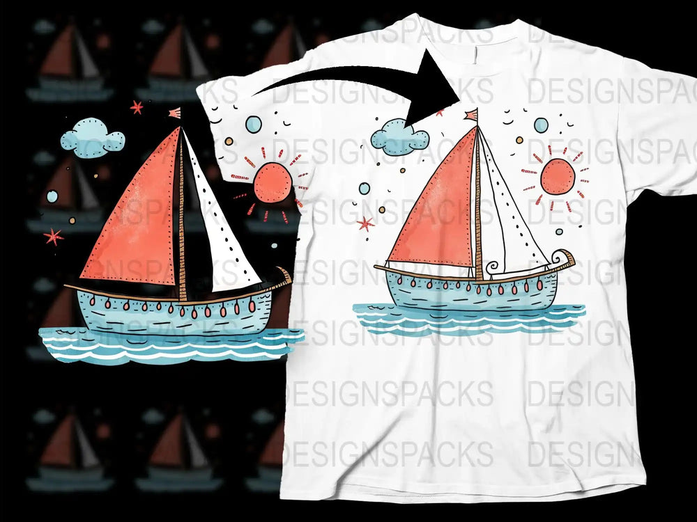 Kids Graphic T-Shirt with Cute Sailing Boat and Sun Design, Colorful Nautical Children's Tee, Casual Summer Top for Boys and Girls