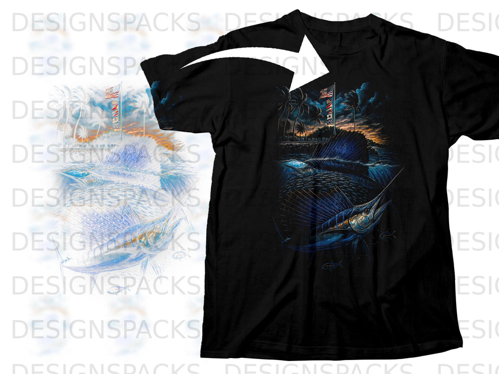 Black t-shirt featuring a sailfish leaping from the water at sunset with palm trees and a US flag.