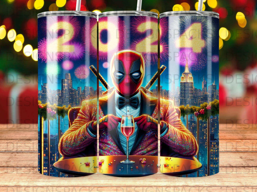 Deadpool in tuxedo at a table with a drink, city lights, and fireworks.