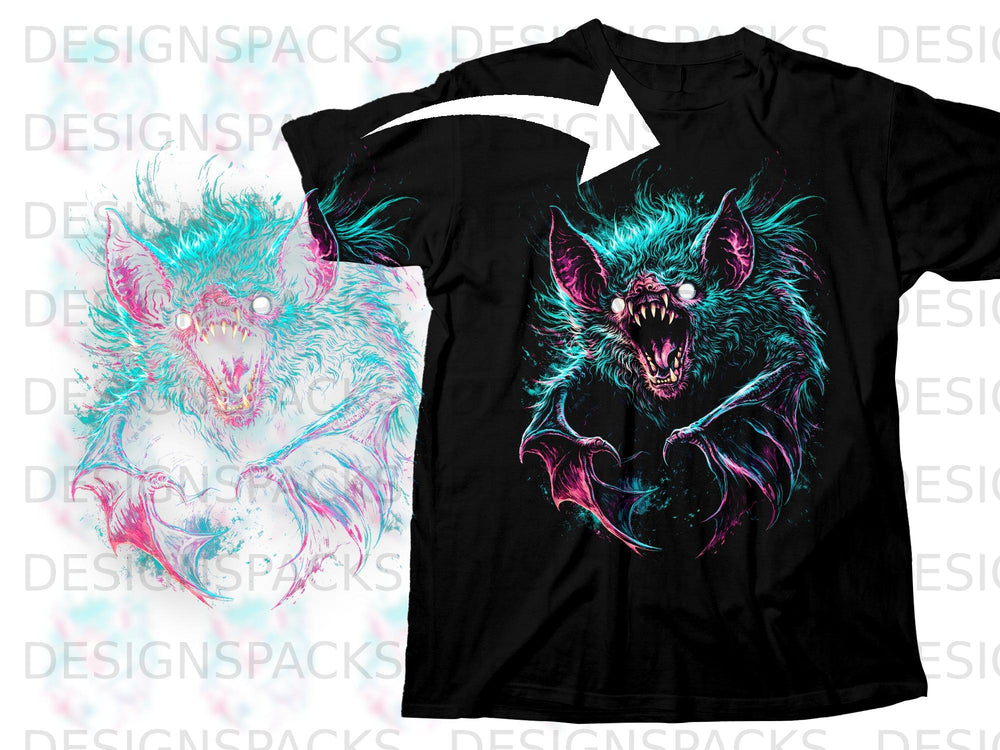 Black t-shirt with a vibrant, stylized graphic of a monstrous bat with glowing eyes and sharp teeth.