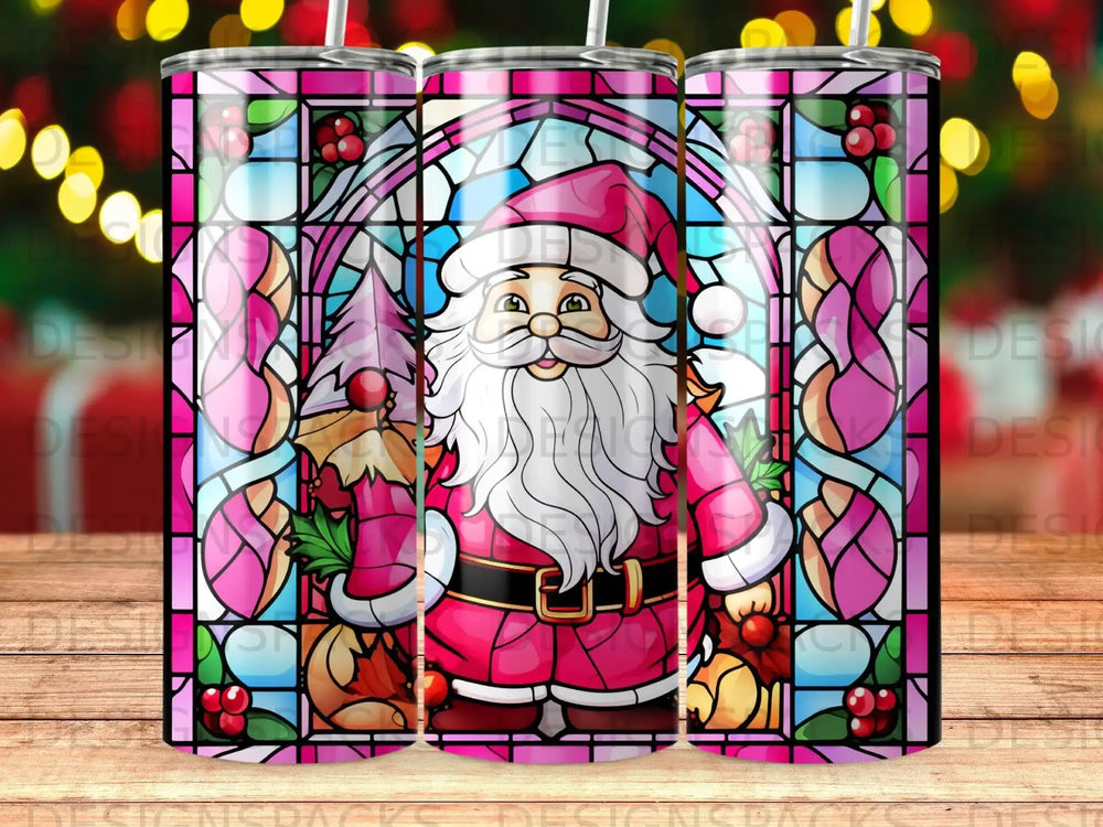 Stained glass Santa Claus holding a pine tree and holly sprig.