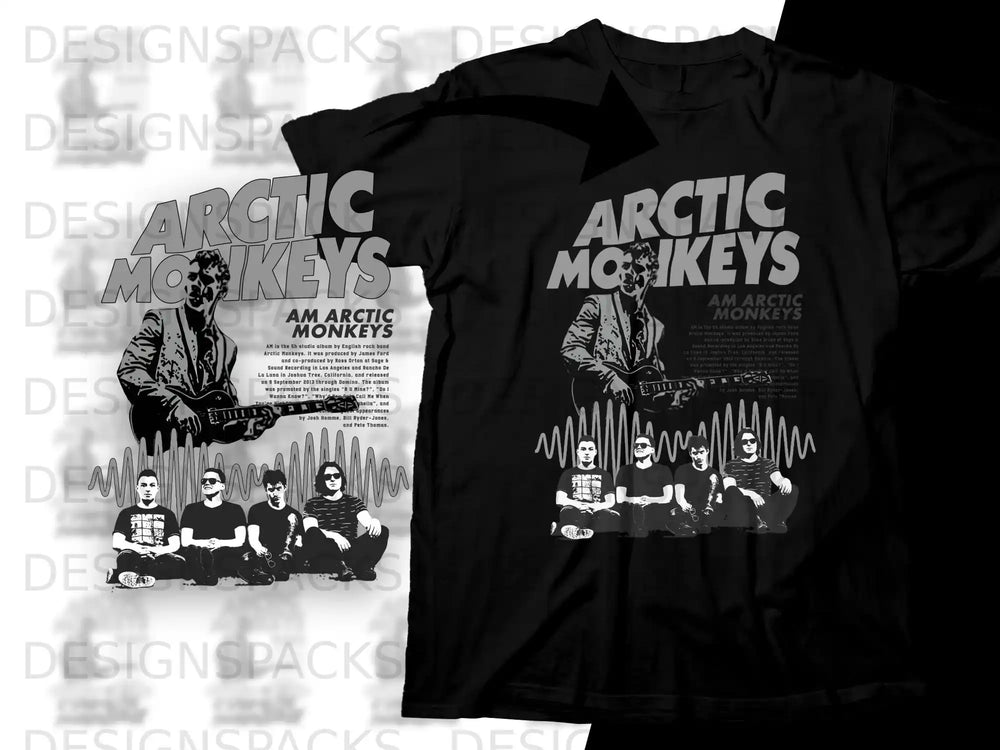 Arctic Monkeys AM album cover with band photo and album details.