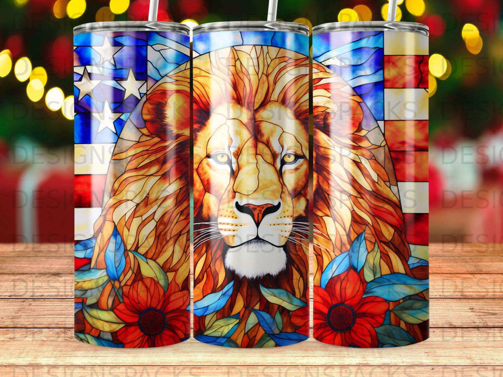 Lion's face with stained glass American flag and red flowers.
