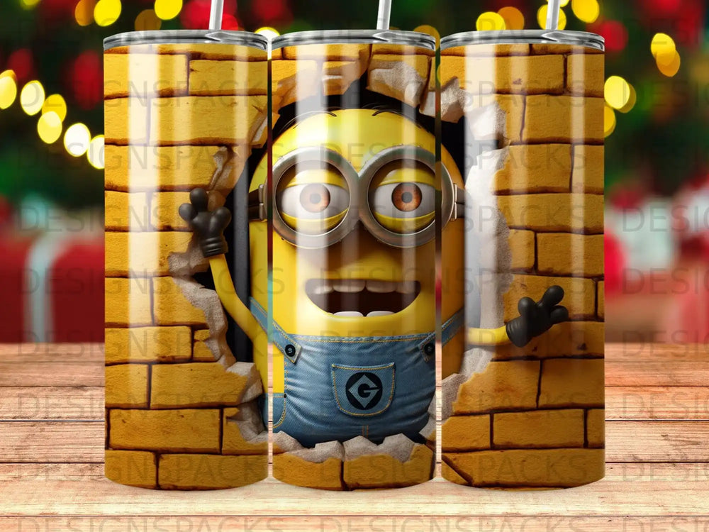 Minion character peeking through a brick wall on a tumbler.