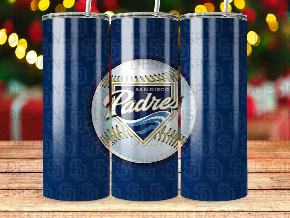 San Diego Padres logo on a blue tumbler with repeating baseball stitches.