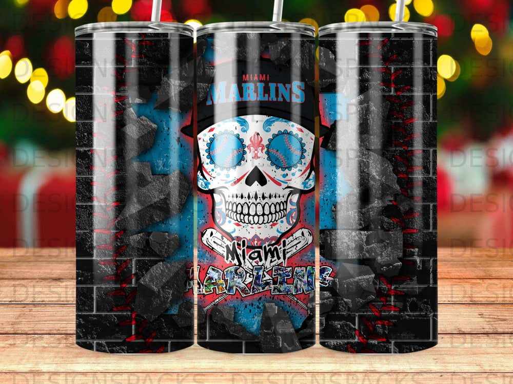 Miami Marlins skull tumbler with brick background and colorful designs.