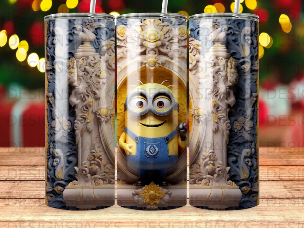 Minion character with overalls standing inside ornate frame.