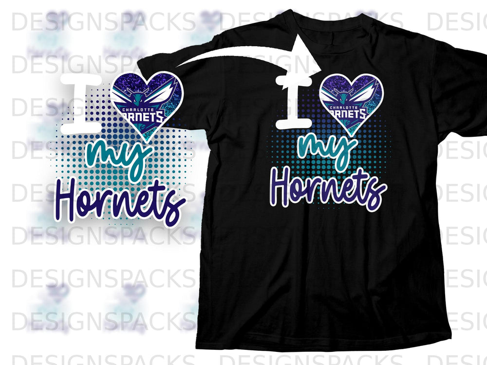 Black t-shirt with "I heart my Hornets" graphic and Charlotte Hornets logo.