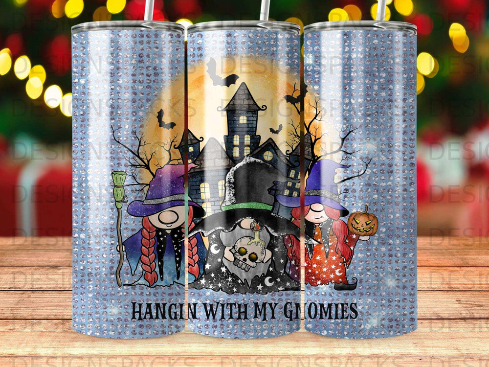 Three Halloween gnomes in front of a spooky castle, with text "HANGIN WITH MY GNOMIES".